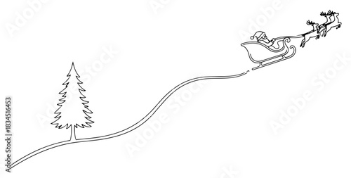 Santa Claus flying in sleigh with reindeer taking off over pine tree simple line drawing vector illustration for Christmas