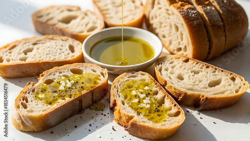 Rustic bread slices with olive oil in a small dish