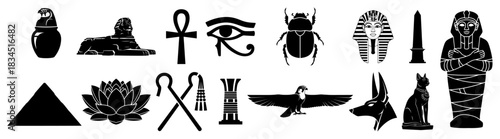 Set of Ancient Egypt Icons Vector Collection of Black Silhouette Pharaoh and Mythology Symbols Including Pyramid Sphinx and Anubis