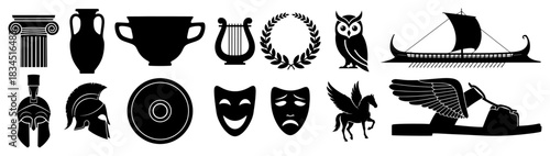 Set of Ancient Greek Icons Vector Collection of Black Silhouette Mythology and History Symbols Including Helmet Column and Vase