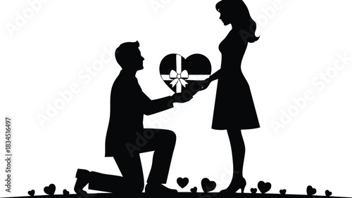Silhouette flat design side profile kneeling man offering heart with flower to standing woman amid scattered small flowers valentine's day romantic proposal scene in black silhouette