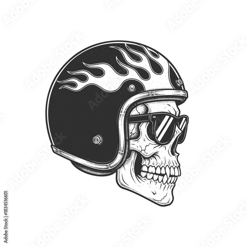 Detailed Hand drawn Skull with Helmet and Sunglasses Biker Illustration