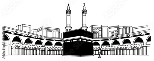 Panoramic line drawing of Kaaba in Mecca Saudi Arabia within Masjid al-Haram vector architectural sketch of Islamic holy site