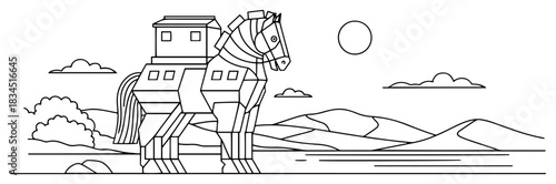 Ancient wooden Trojan Horse statue from Greek mythology standing in landscape vector illustration in black and white outline style