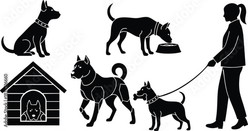 Minimalist silhouette dog icon set showing side profile woman walking leashed dog, sitting dog, feeding bowl, dog house with puppy, black monochrome curled tail collar landscape