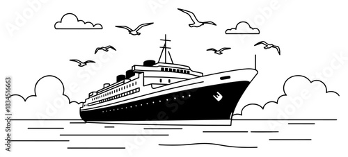 Ocean liner cruise ship sailing on sea with seagulls and clouds vector illustration in black and white outline style