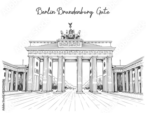 Detailed Hand drawn Brandenburg Gate Landmark Illustration and Architecture in Black and White