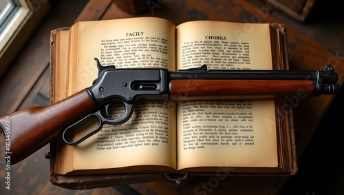 Antique Lever Action Rifle Resting on an Old Book