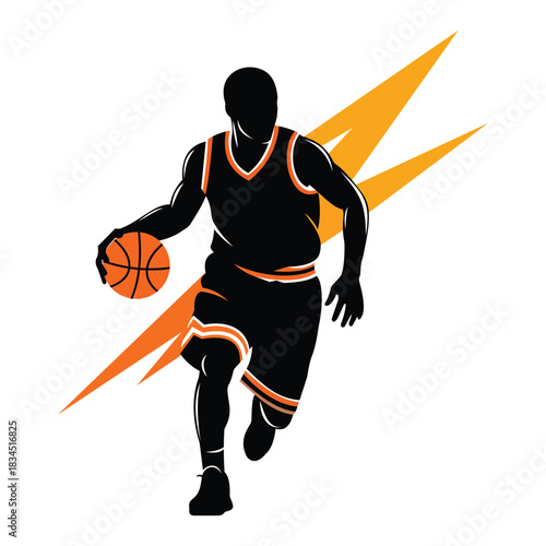 Silhouette of basketball player dribbling ball with orange flash