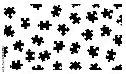 Scattered jigsaw puzzle pieces seamless pattern vector black silhouettes of game elements on white background representing logic and problem solving concept