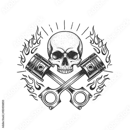 Detailed Engraved Skull with Crossed Pistons and Flames Illustration