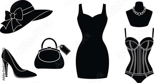 Minimalist flat silhouette set showing wide brim hat with bow, side profile stiletto heel, top handle handbag with tag, black shift dress, waist corset, beaded necklace