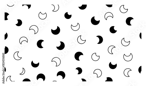 Seamless pattern with cute crescent moons in black and white featuring hand drawn doodle style night sky background vector texture for nursery or textile