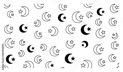 Seamless pattern with hand drawn crescent moons and stars vector texture for Islamic holidays like Ramadan or Eid featuring black and white doodle style background