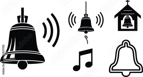 Flat icon set showing multiple ringing bell silhouettes with sound waves and musical note, large left bell close-up, church bell in steeple, black and white vector