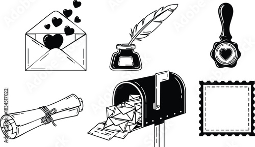 Vintage stamp line art mailbox overflowing with love letters, ink quill and inkwell, wax heart seal, heart envelope, scroll and blank postage stamp for valentine's day