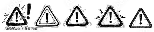 Set of Hand Drawn Warning Signs Vector Collection of Sketchy Triangle Alert Symbols with Exclamation Marks