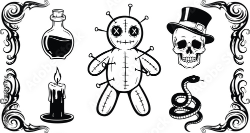 Tattoo flash style frontal voodoo doll with stitched x eyes and pins, skull wearing top hat, coiled snake, potion bottle, lit candle, ornate corner frames black