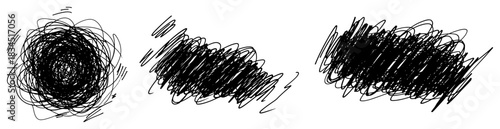 Set of hand drawn chaotic scribbles and scratches vector black ink messy doodle textures isolated on white background
