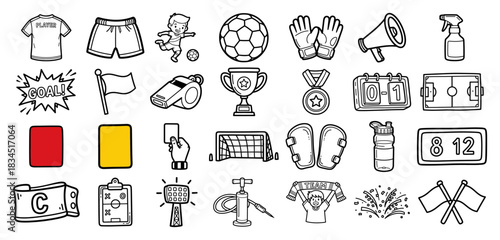 Soccer and football hand drawn icon set with sports equipment referee tools and accessories in doodle style