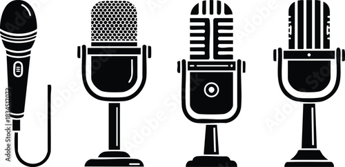 Minimalist flat icon row of four distinct microphone silhouettes showing handheld corded and vintage broadcast stands, front and side angles, monochrome landscape composition centered spacing