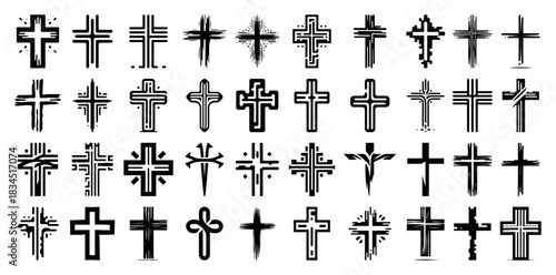 Set of Grunge Hand Drawn Christian Crosses Vector Collection of Sketchy Black Crucifix Symbols