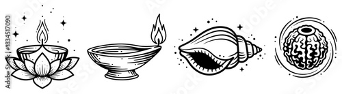 Hindu spiritual symbols set with Diwali diya lamp on lotus flower conch shell Shankha and Rudraksha bead vector line art illustration