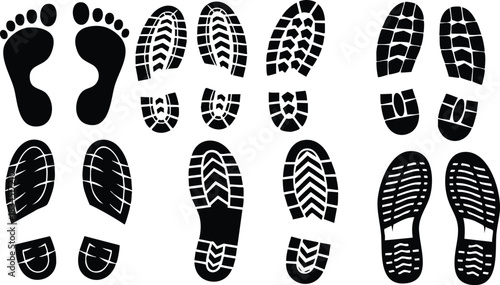 Flat design black footprint and boot sole silhouettes close-up top-down layout with barefoot toe prints, zigzag sneaker tread, heavy lug sole pairs, high-contrast vector art graphic