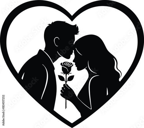 Silhouette vector close-up profile of man and woman facing each other holding a single rose inside heart frame backlit high-contrast for valentines day romantic intimate scene