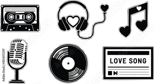 Grunge vector music icon set showing distressed black cassette tape, front facing headphones, heart music note, vintage microphone, vinyl record, love song player high contrast