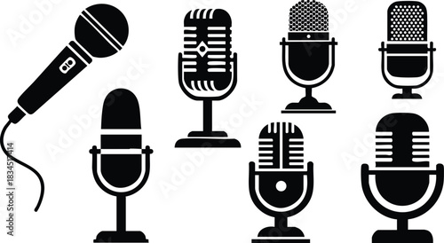 Flat design vintage microphone icons set close up grouped silhouettes showing handheld wired mic and studio stand mics front and side view high contrast minimal black