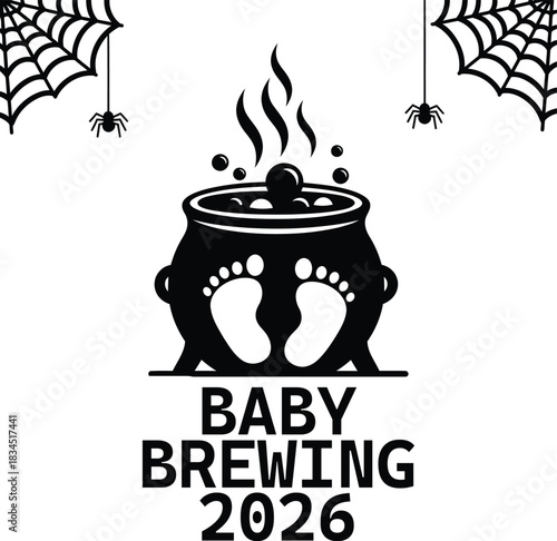Spooky baby brewing 2026 announcement with cauldron and tiny footprints