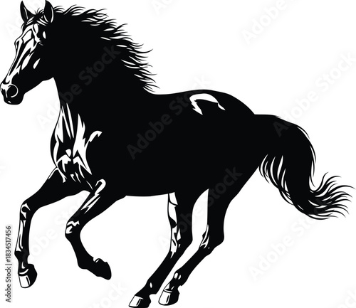 Powerful black horse silhouette galloping with flowing mane and tail illustration
