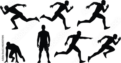 Minimalist silhouette vector sheet with black male sprinter poses, crouched starting blocks, standing figure, airborne stride and pointing arm, side profile action in flat style composition