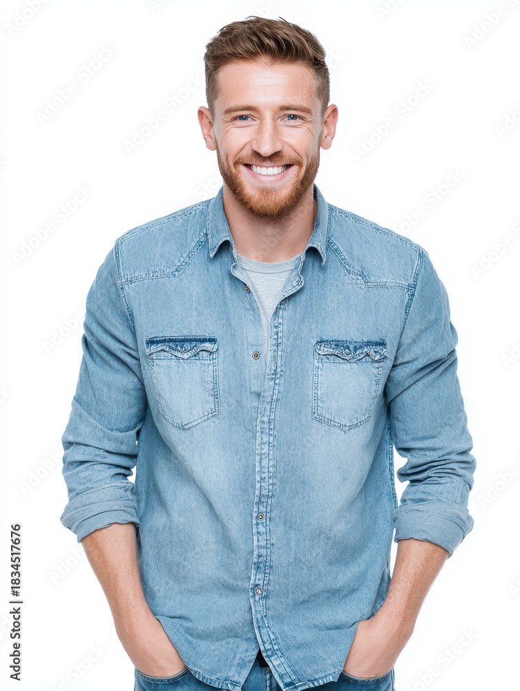Fototapeta premium Cheerful Man in Casual Attire Smiling Confidently with Hands in Pockets