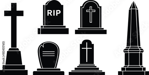Minimalist flat icon set of seven black cemetery monuments front view including cross obelisk rip headstone rounded arched tomb silhouette centered high contrast pedestal geometric base