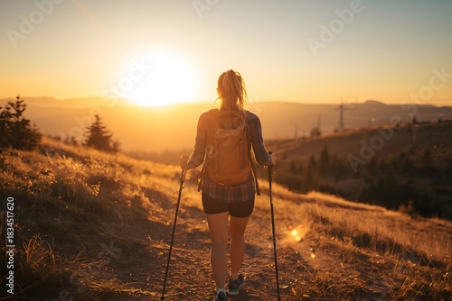 Woman Hiker Walking Toward Sunset on Trail with Backpack and Trekking Poles