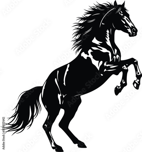 Dynamic black horse silhouette rearing up with flowing mane and tail