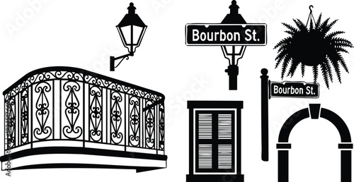 Silhouette vector bourbon street icon set with wrought-iron balcony, shuttered window, arched entrance, street lamp and palm silhouette, frontal angle, ornamental railing, black and white flat