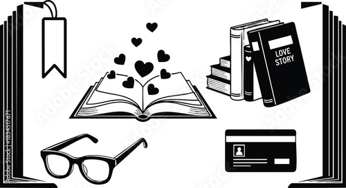 Minimalist vector close-up of open book with floating hearts, reading glasses lower left, id card lower right, stacked love story books, ribbon top left, corner frames monochrome illustration