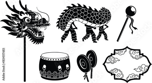 Silhouette dragon dance side-profile close-up showing dragon head reaching pearl with segmented scaled body, low-angle view with drum, cymbals, chinese new year vector illustration festive black