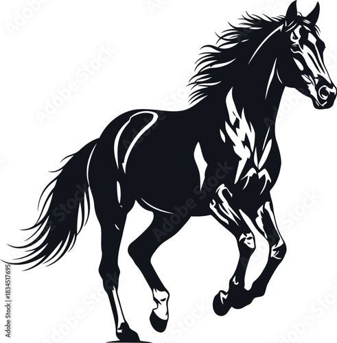 Majestic black horse galloping with flowing mane and tail on a white background