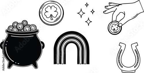 Line art monochrome vector icons close up pot of gold with clover coin, hand dropping coin, arched rainbow, horseshoe and sparkles for st patricks day