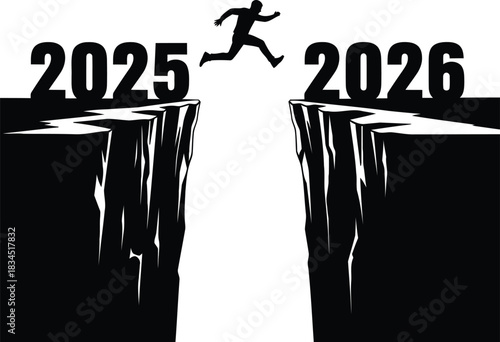 Man silhouette leaping from year 2025 to 2026 over a chasm