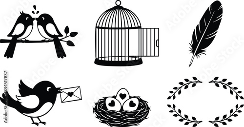 Silhouette icon set featuring kissing birds on branch looking at each other, open birdcage door, mail bird carrying envelope, nest with three eggs, small laurel wreath