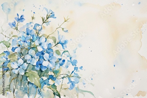 Jasmine blue watercolor clipart. Hand Drawn Watercolor Jasmine Flowers and green leaves isolated on white background.
