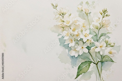 Jasmine watercolor clipart. Hand Drawn Watercolor Jasmine Flowers and green leaves isolated on white background.