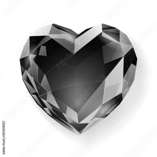 A black diamond in the shape of a heart, with a faceted surface and subtle shading, is centered on a plain white background, creating a striking visual contrast.