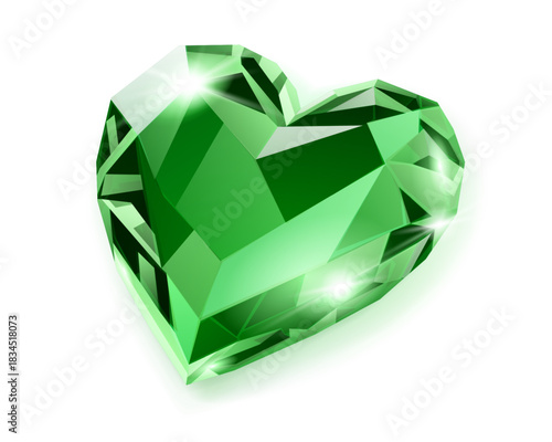 Illustration of a green gemstone cut into a heart shape with multiple facets reflecting light on a white background.