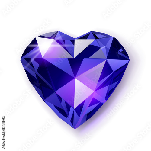 A heart-shaped blue gemstone with multiple facets, reflecting light, on a white background with a subtle shadow.